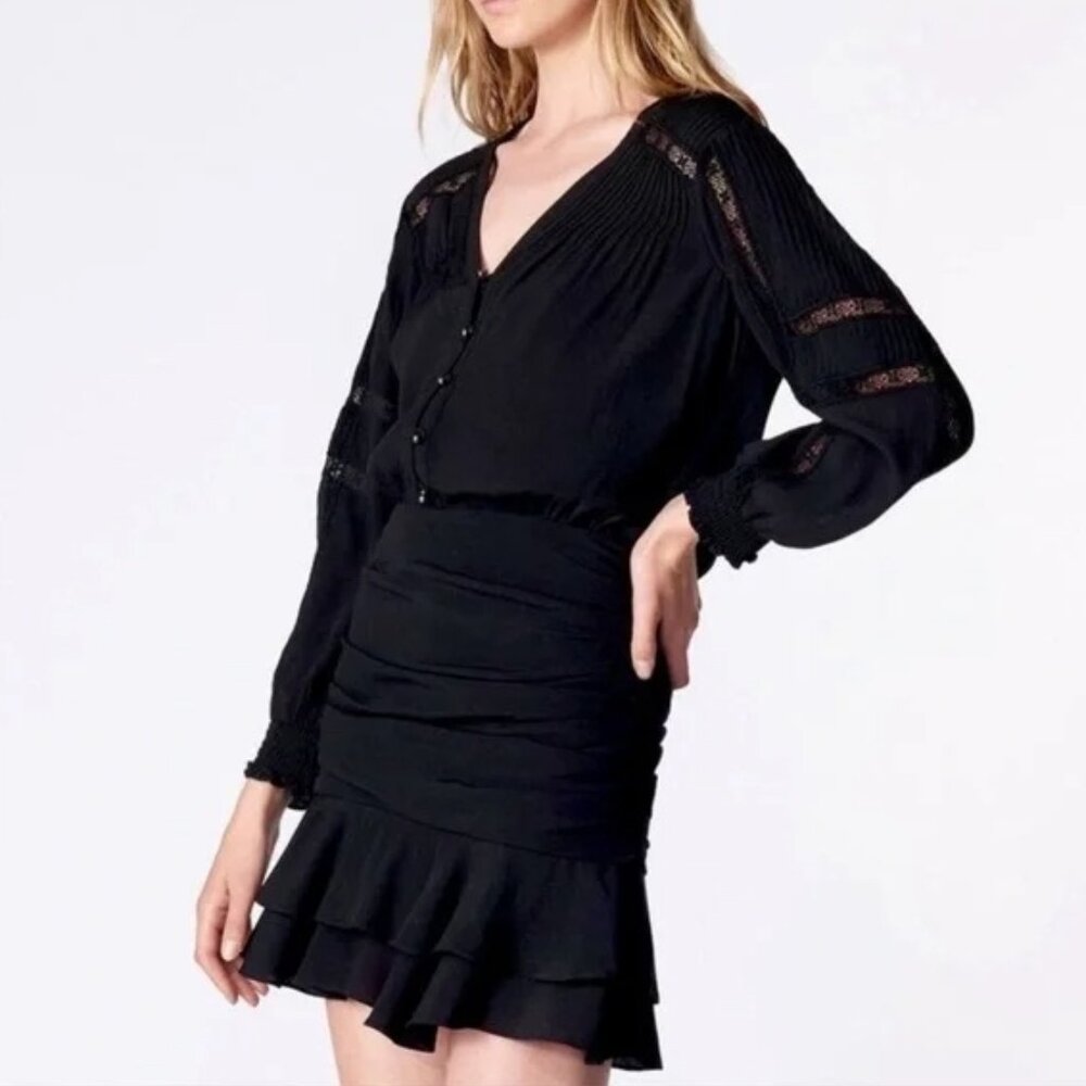 Veronica Beard Black Sarasota Mini Dress Button Front Tiered Ruffled Hem Women 4
